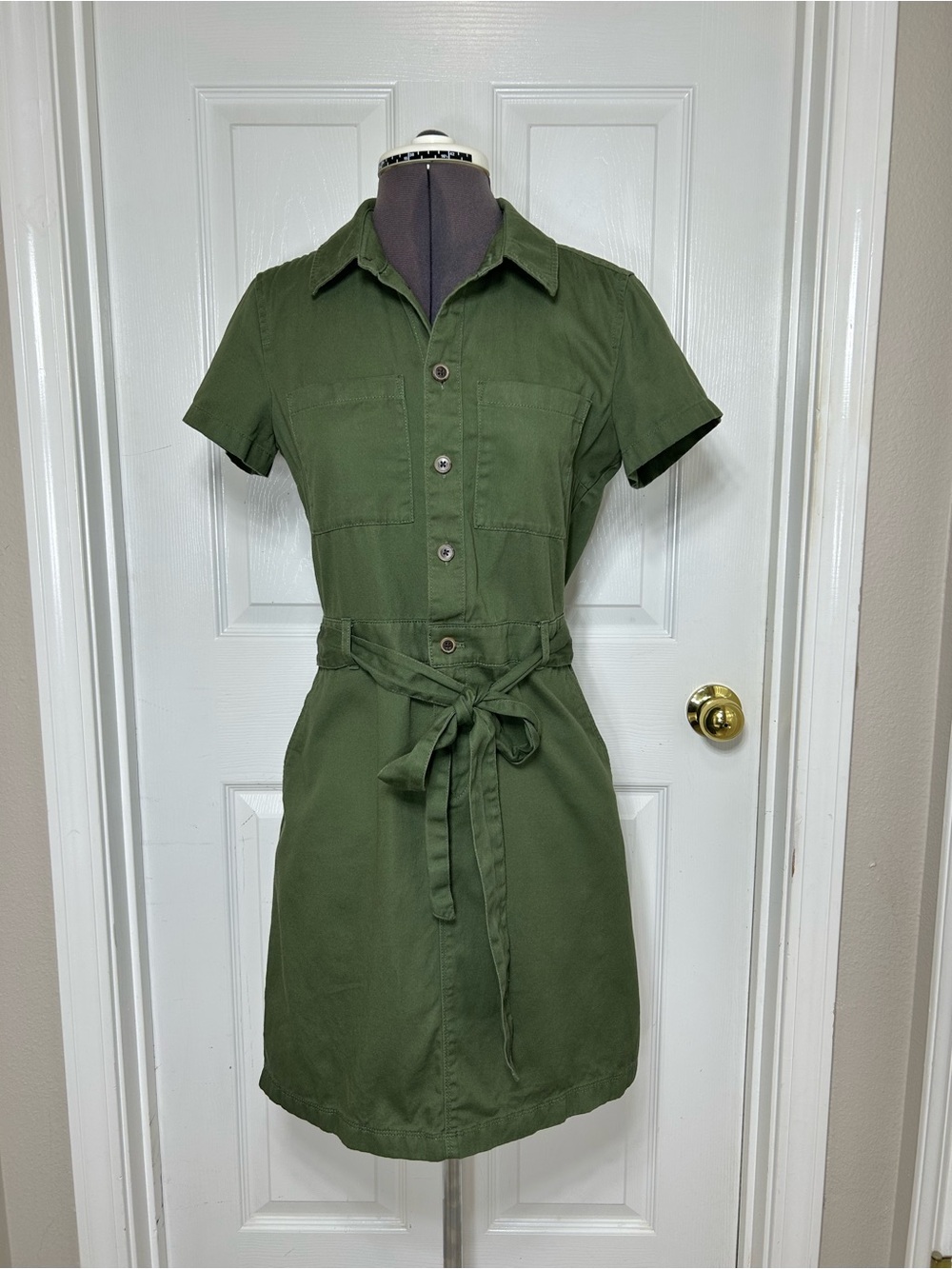 J Crew Cotton Olive Green Utility Shirt Dress Belt Pockets Elastic Back Waist 2 - Picture 2 of 14